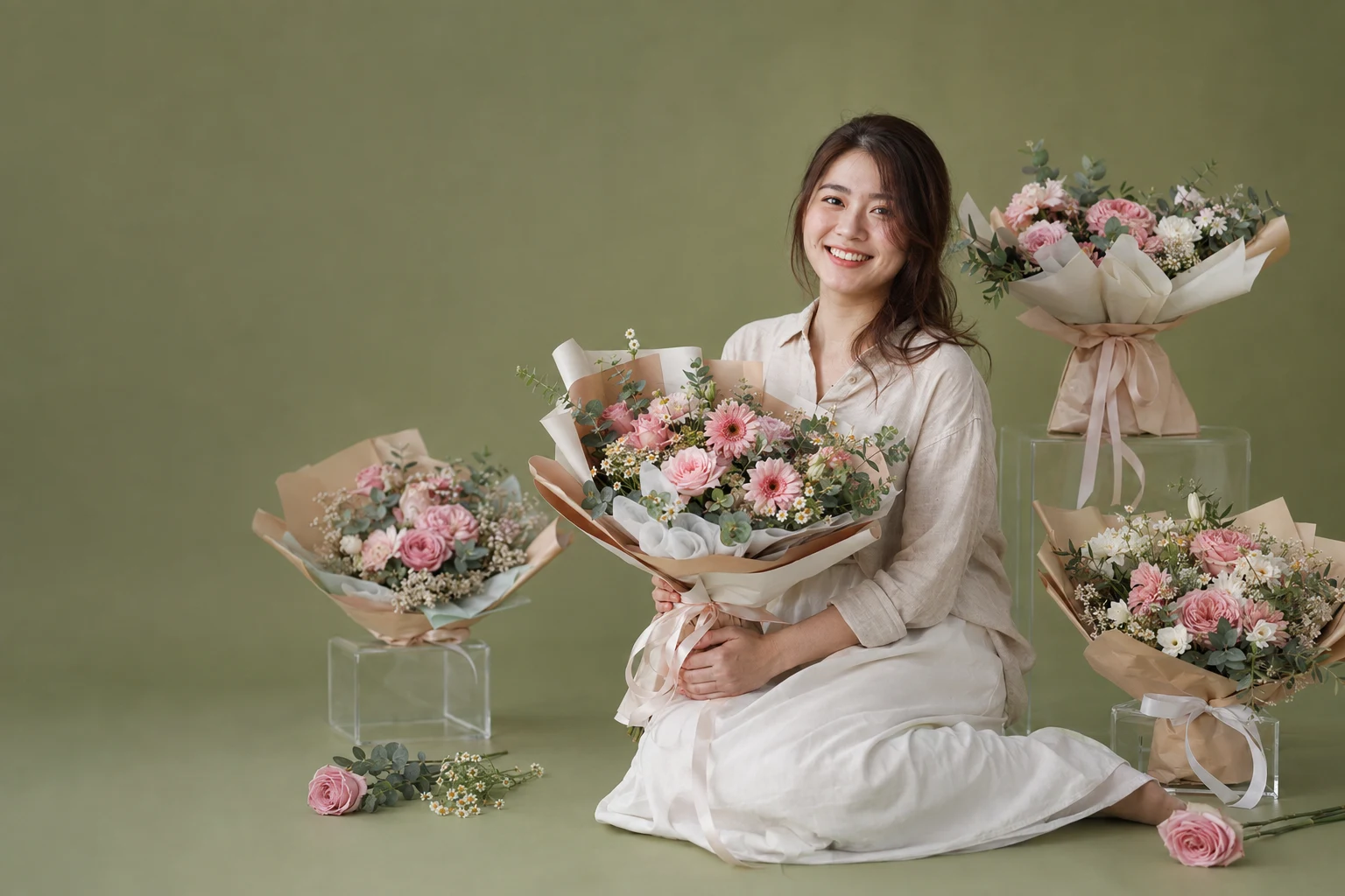 A florist seated with a hand-tied bouquet, surrounded by wrapped bouquets on a sage green studio backdrop